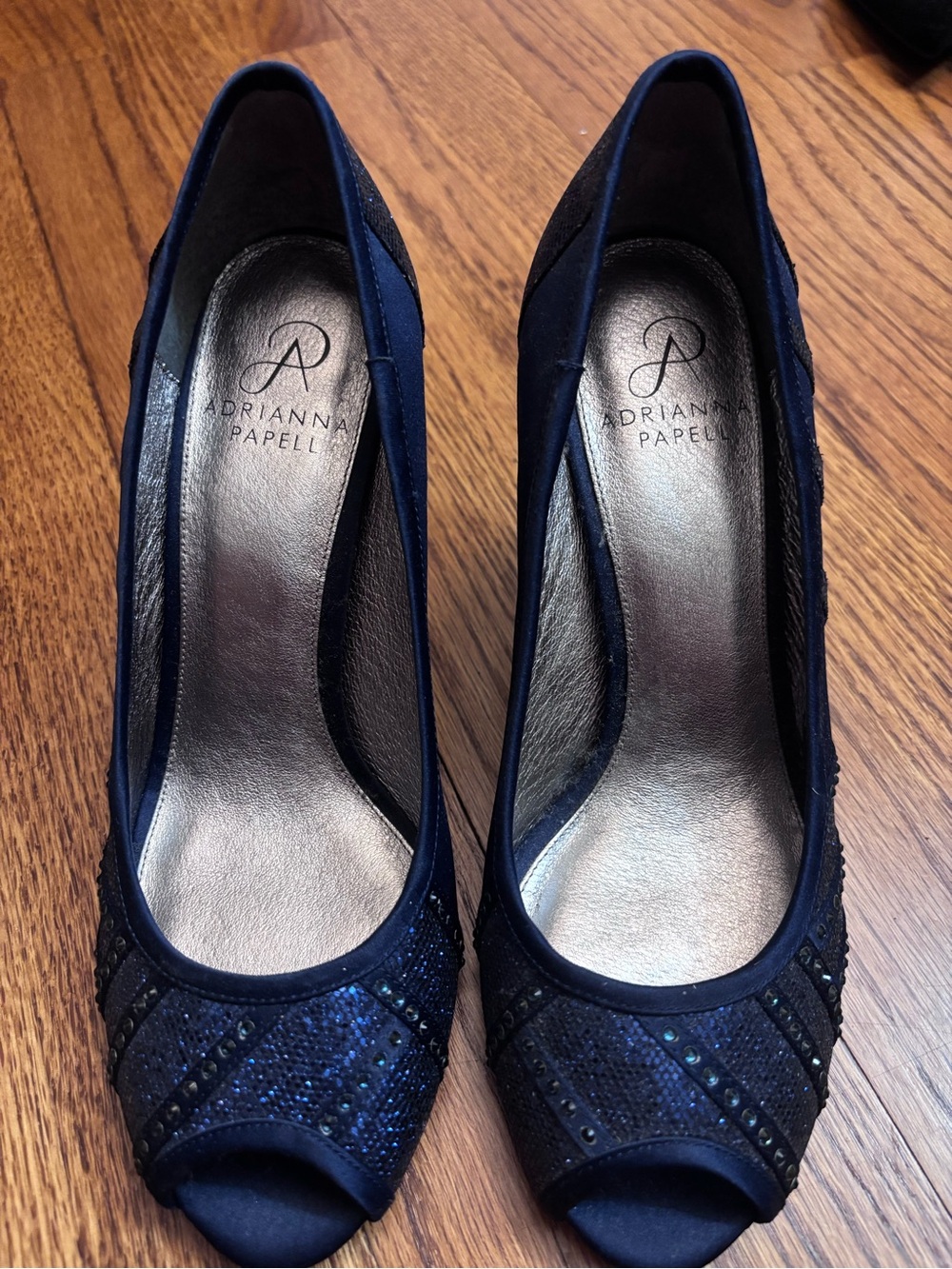 Adrianna Papell Navy Blue Sparkle Peep-Toe Heels